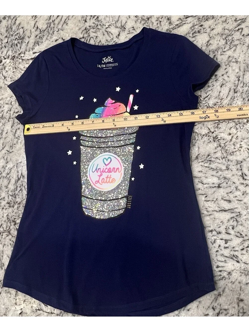Justice Girls Size 14/16 Navy Sparkly “Unicorn Latte” T-Shirt